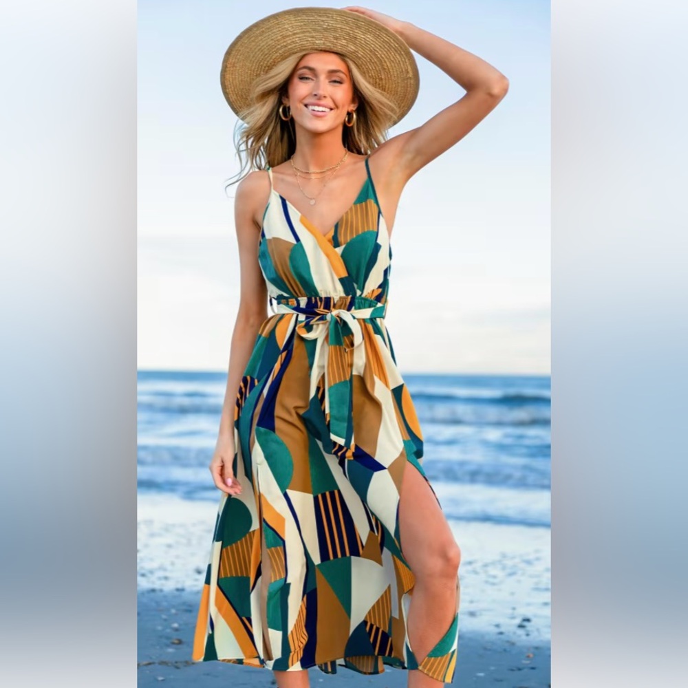 Geometric Sleeveless V-Neck Midi Dress Women’s M